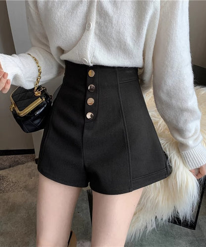 フロントボタン ハイウエスト フレア ショート パンツ