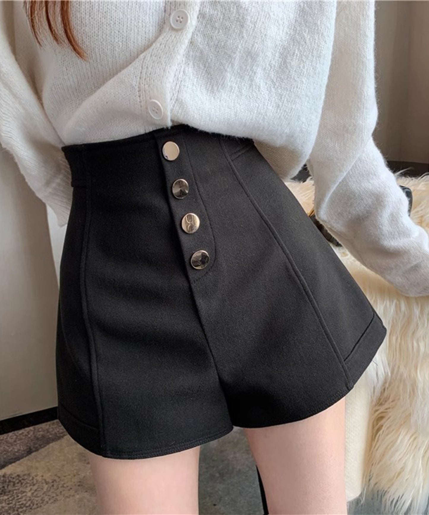 フロントボタン ハイウエスト フレア ショート パンツ