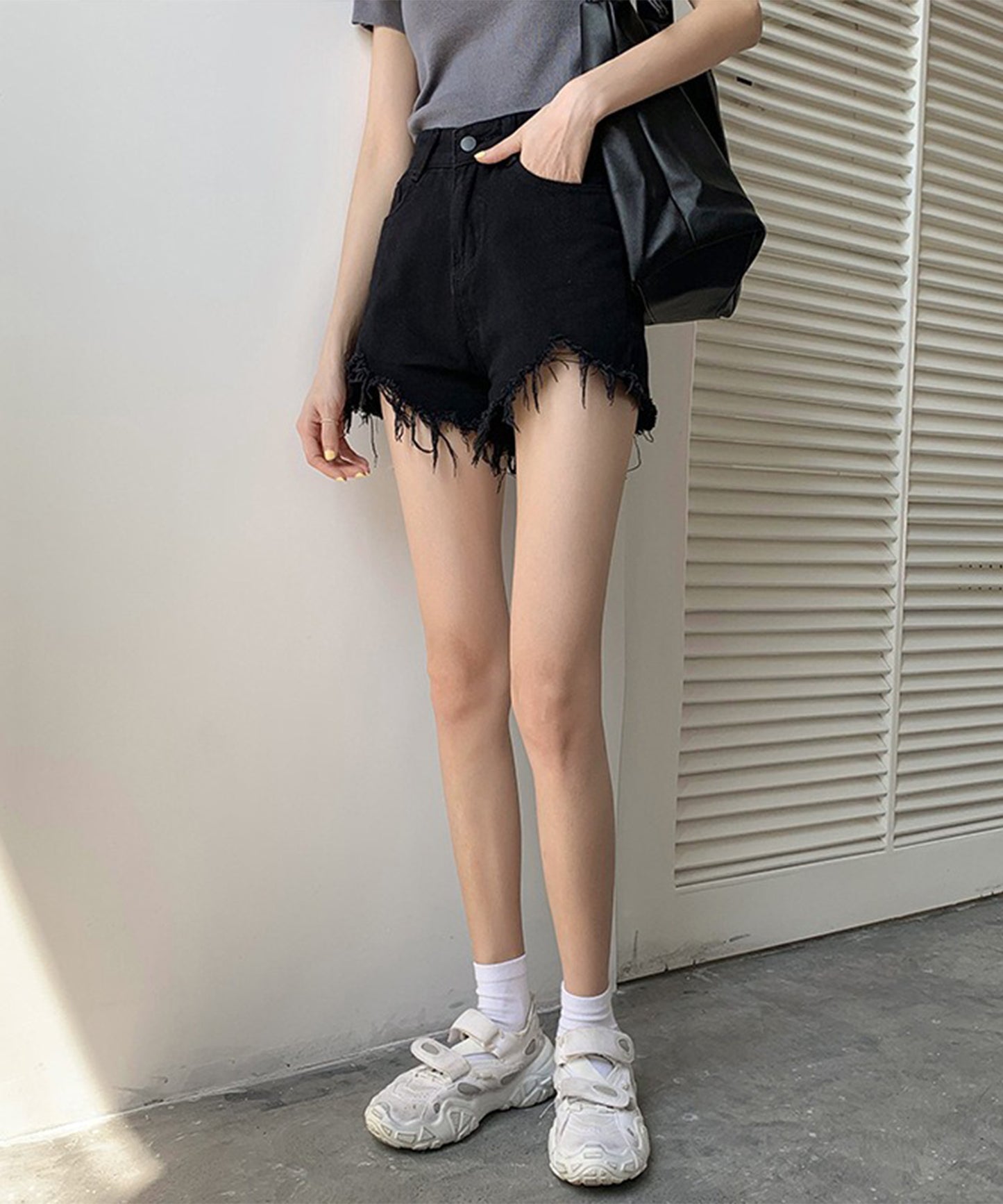 ハイウエスト ダメージ デニム ショート パンツ