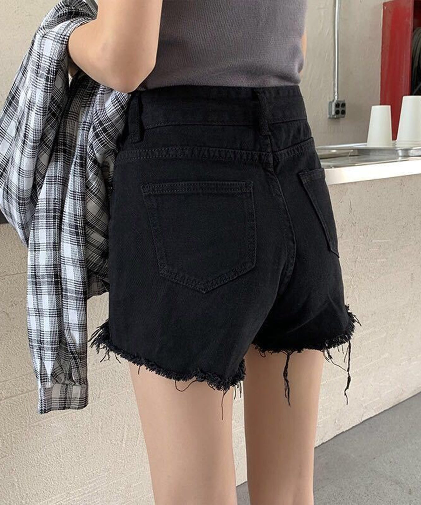 ハイウエスト ダメージ デニム ショート パンツ