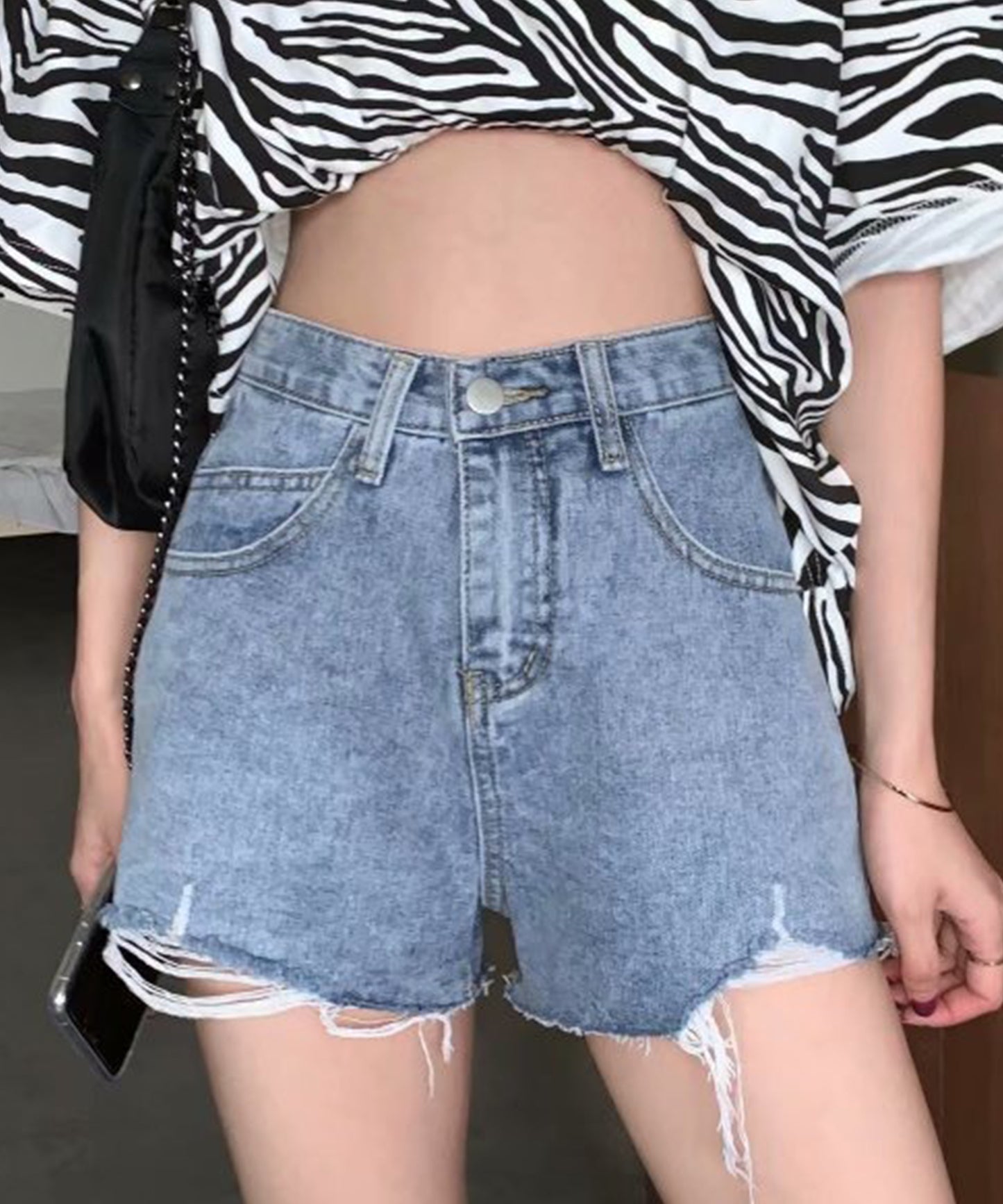 ハイウエスト ダメージ デニム ショート パンツ