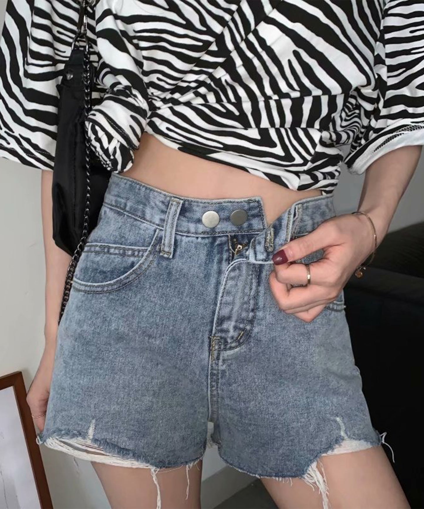 ハイウエスト ダメージ デニム ショート パンツ