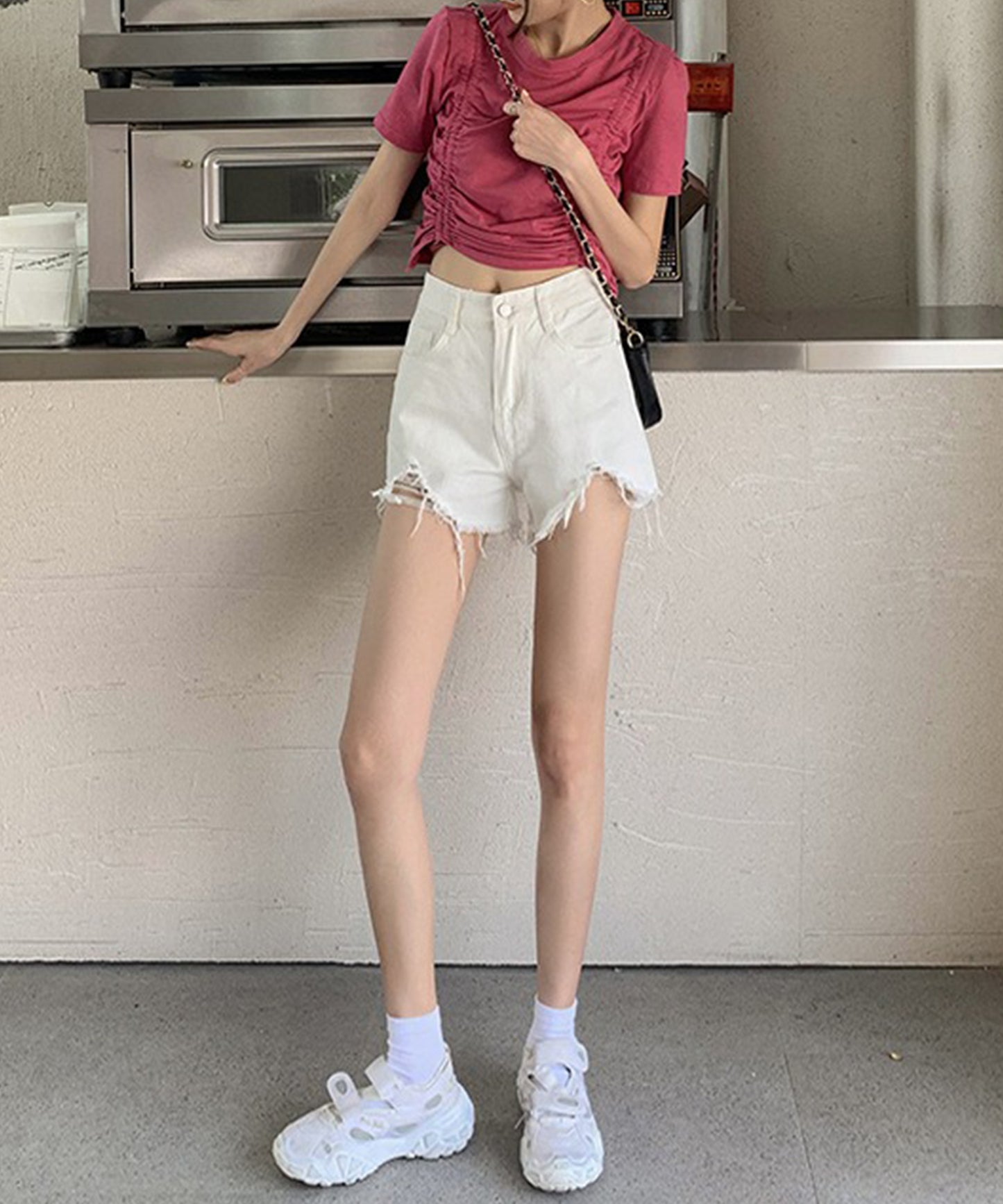 ハイウエスト ダメージ デニム ショート パンツ