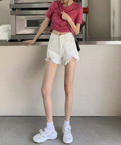 ハイウエスト ダメージ デニム ショート パンツ