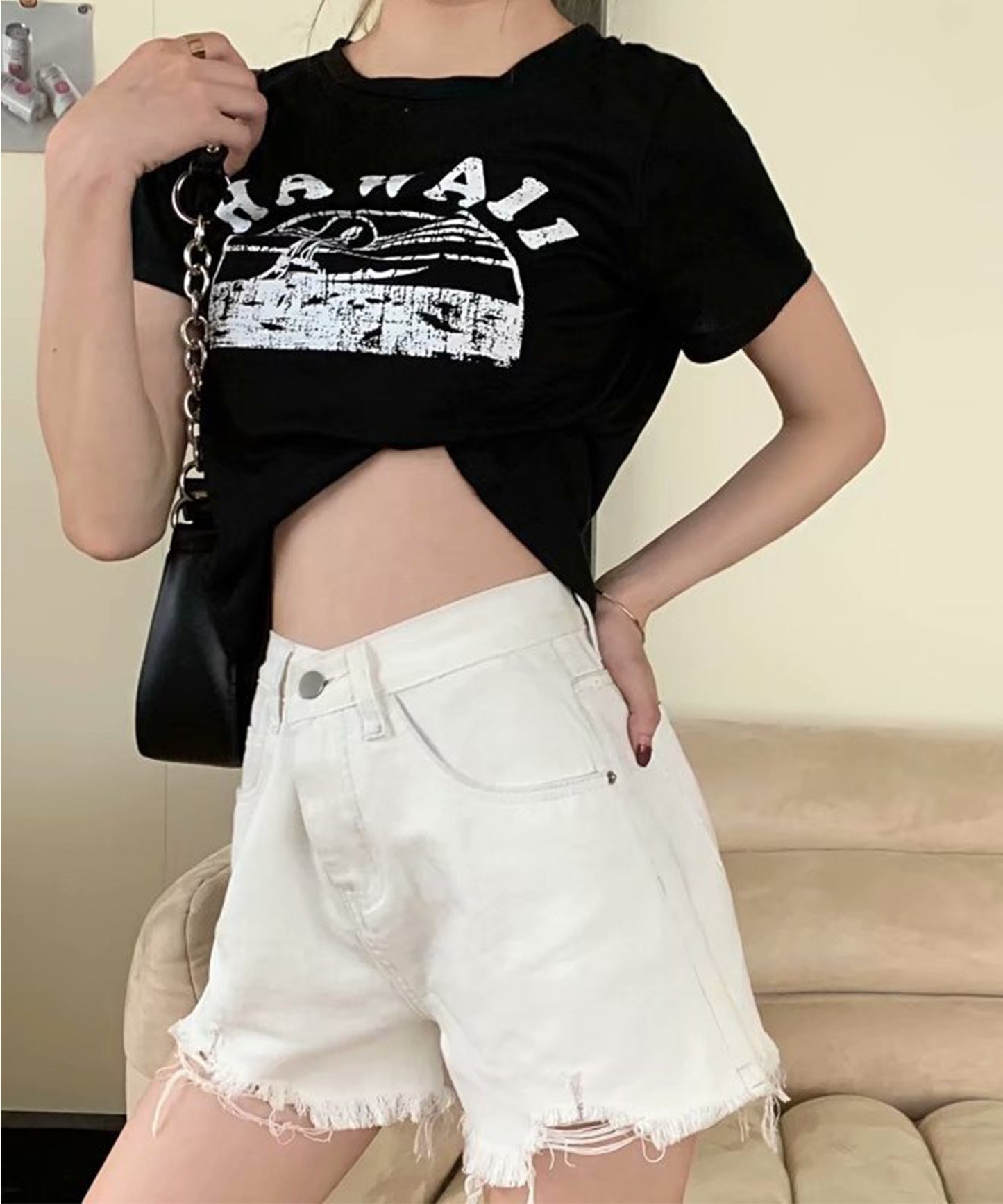 ハイウエスト ダメージ デニム ショート パンツ