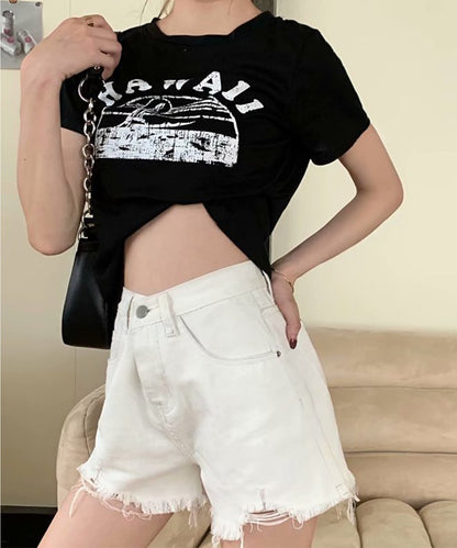 ハイウエスト ダメージ デニム ショート パンツ