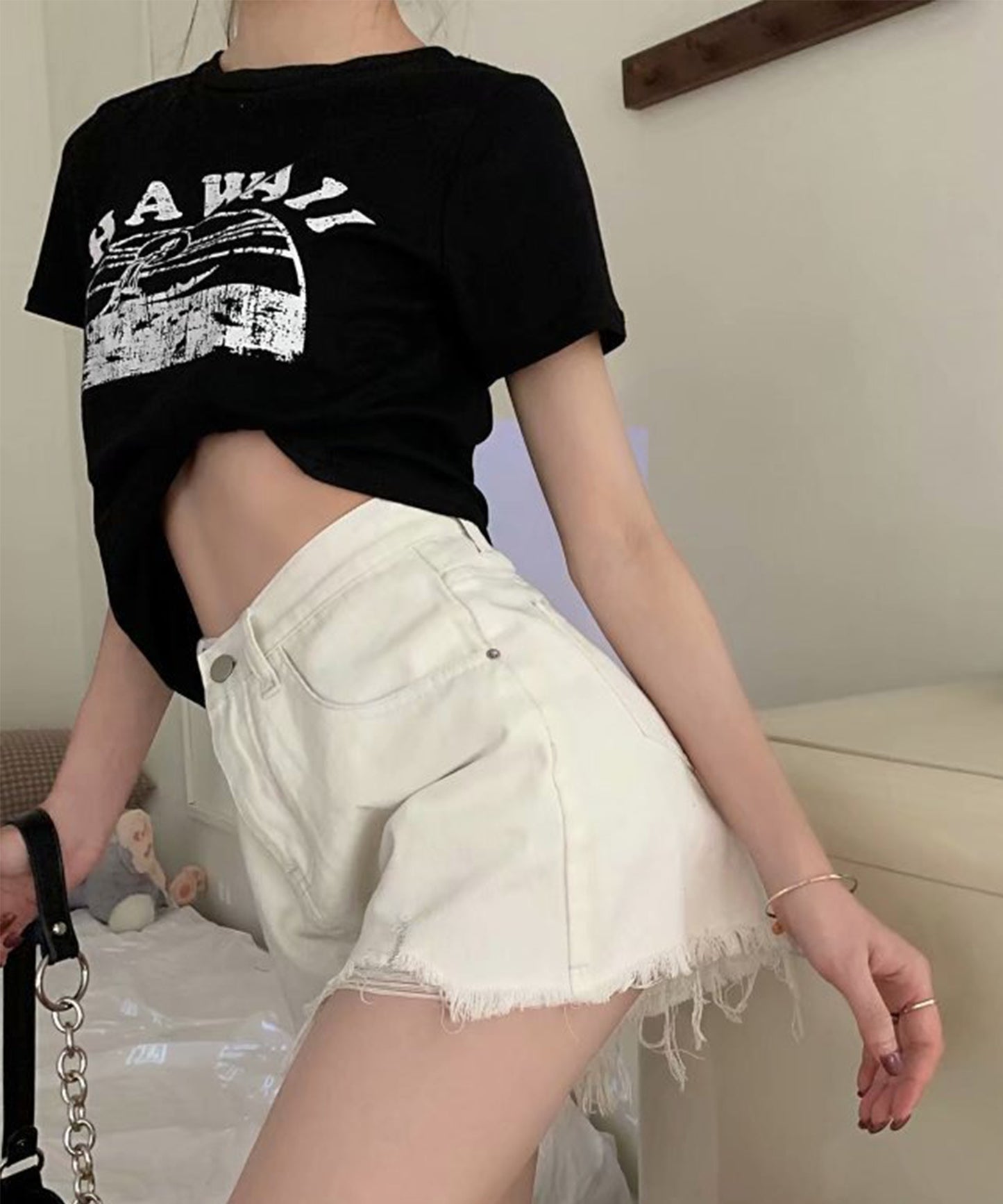 ハイウエスト ダメージ デニム ショート パンツ