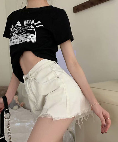 ハイウエスト ダメージ デニム ショート パンツ