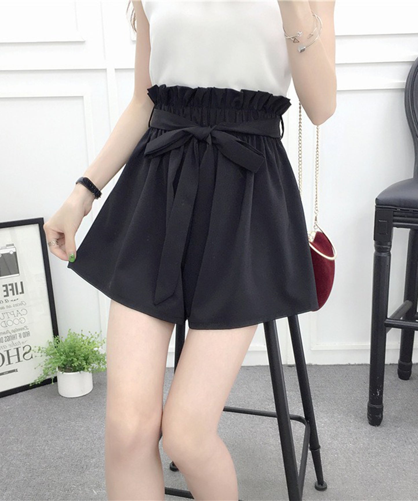 リボン ベルト ハイウエスト ショート パンツ