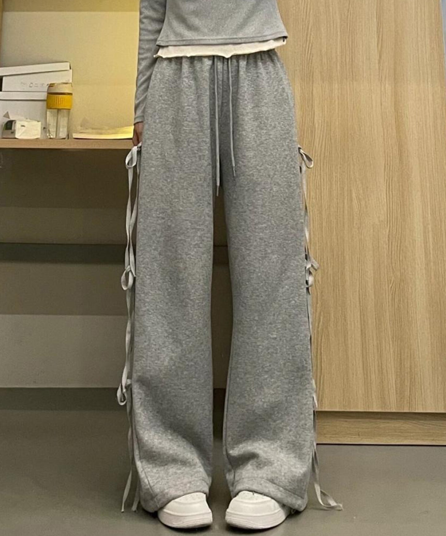 リボン付き ワイド スウェット トラック パンツ