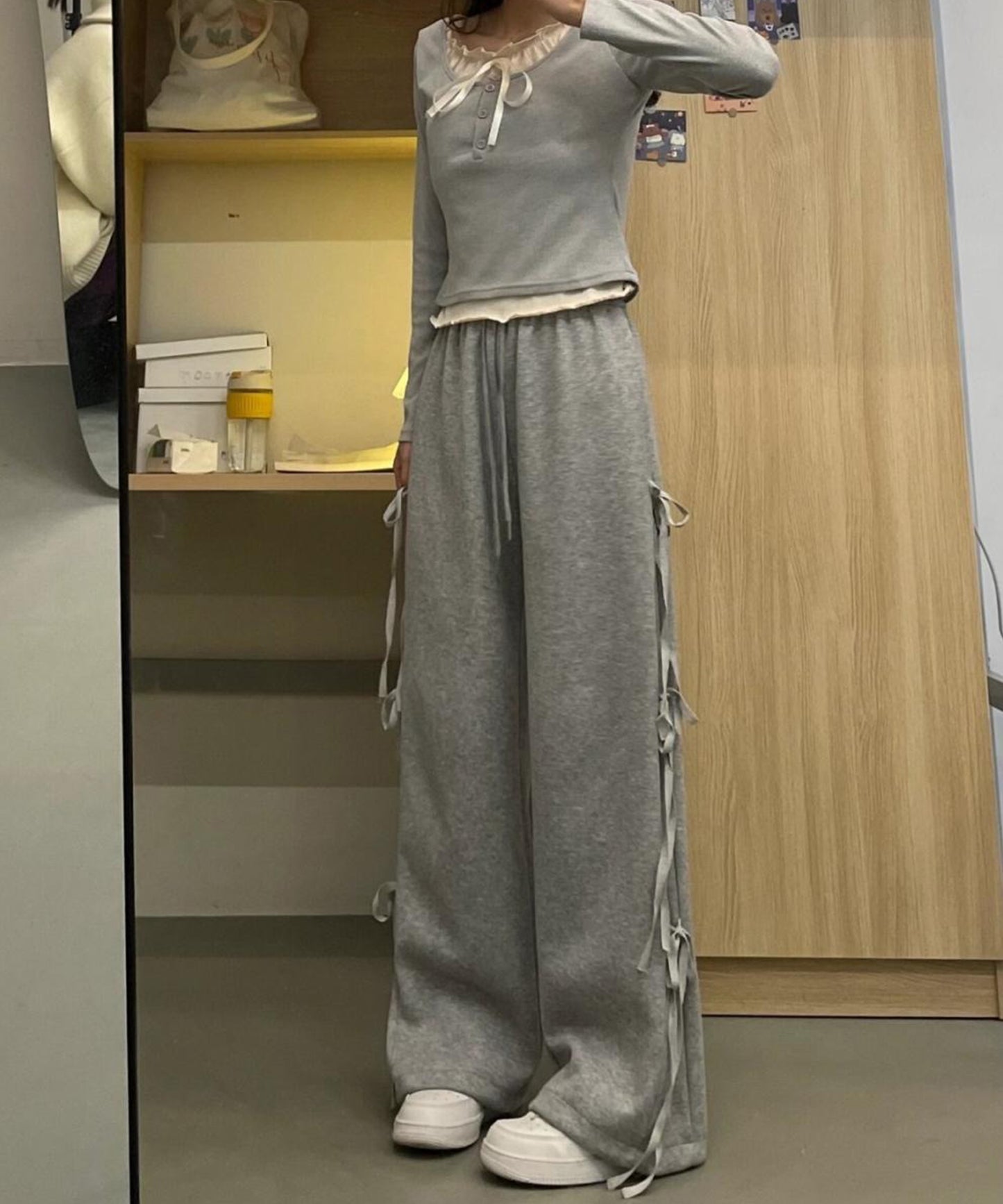 リボン付き ワイド スウェット トラック パンツ