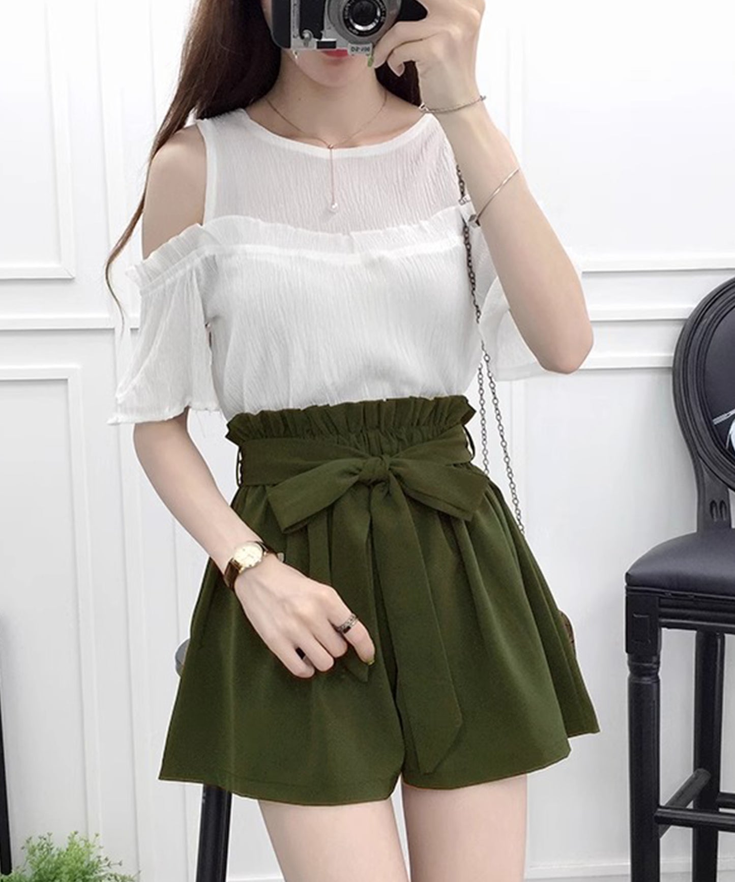 リボン ベルト ハイウエスト ショート パンツ