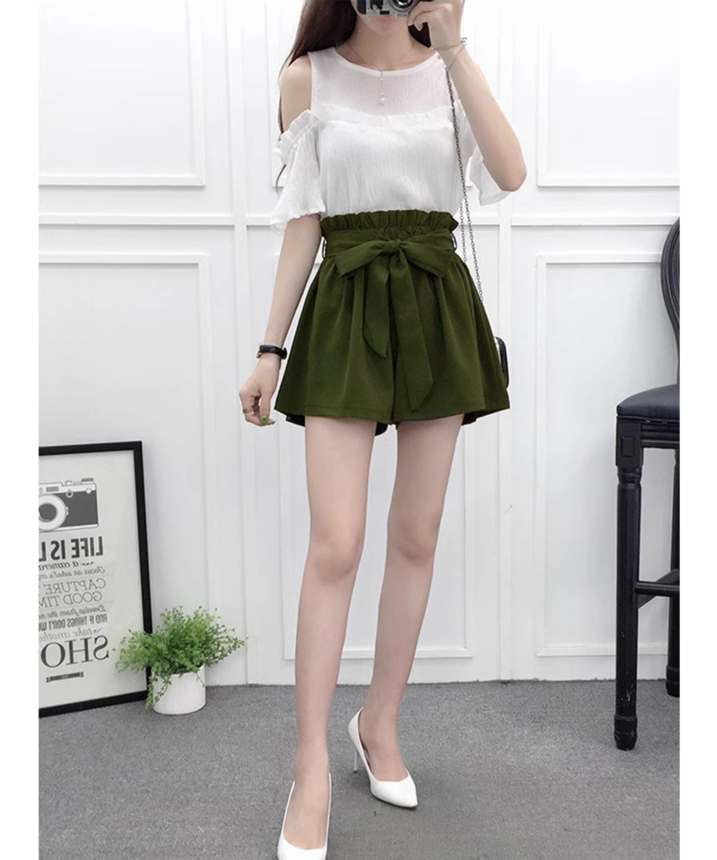 リボン ベルト ハイウエスト ショート パンツ