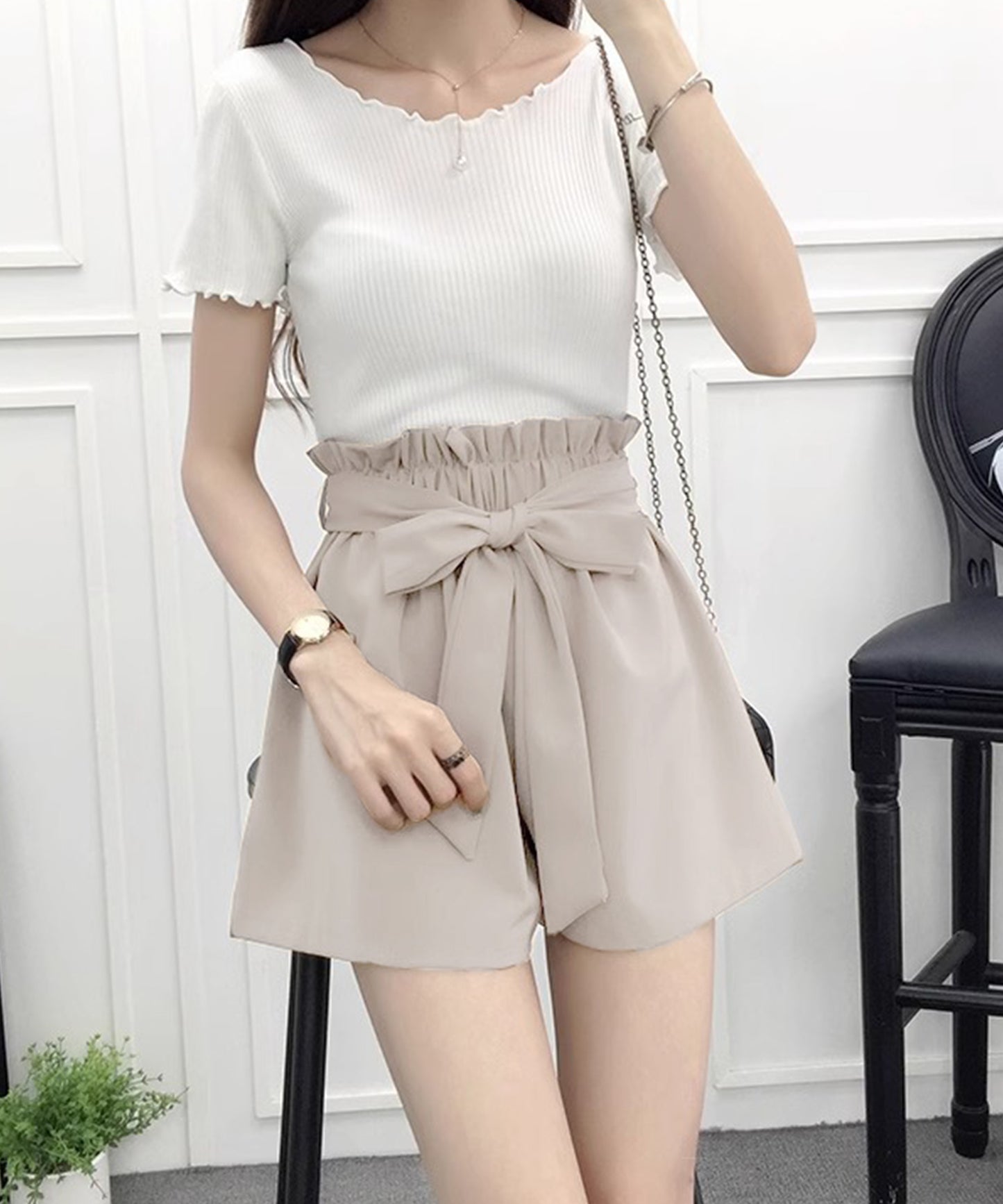 リボン ベルト ハイウエスト ショート パンツ