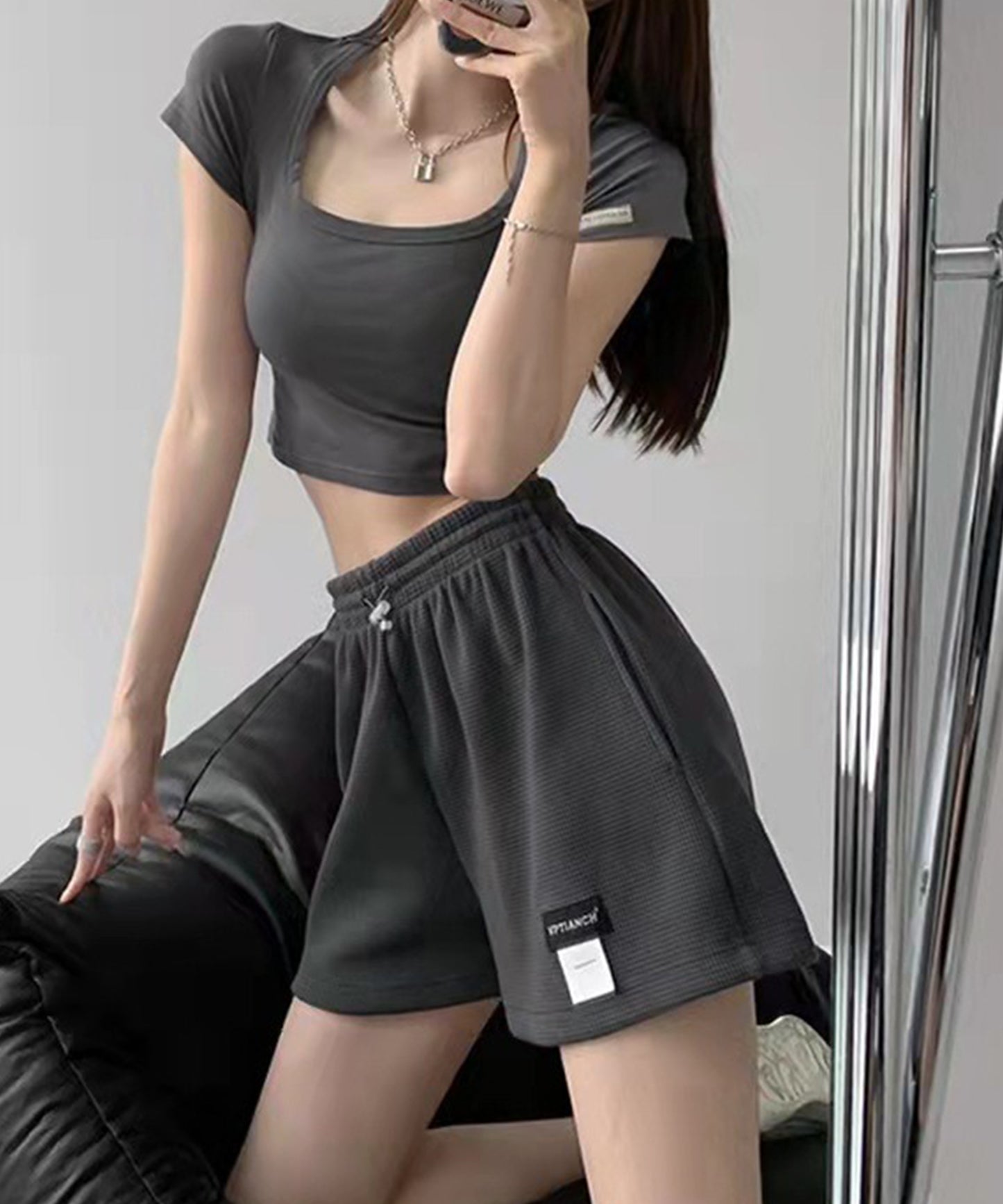 ワッフル ハイウエスト ショート パンツ キュロット