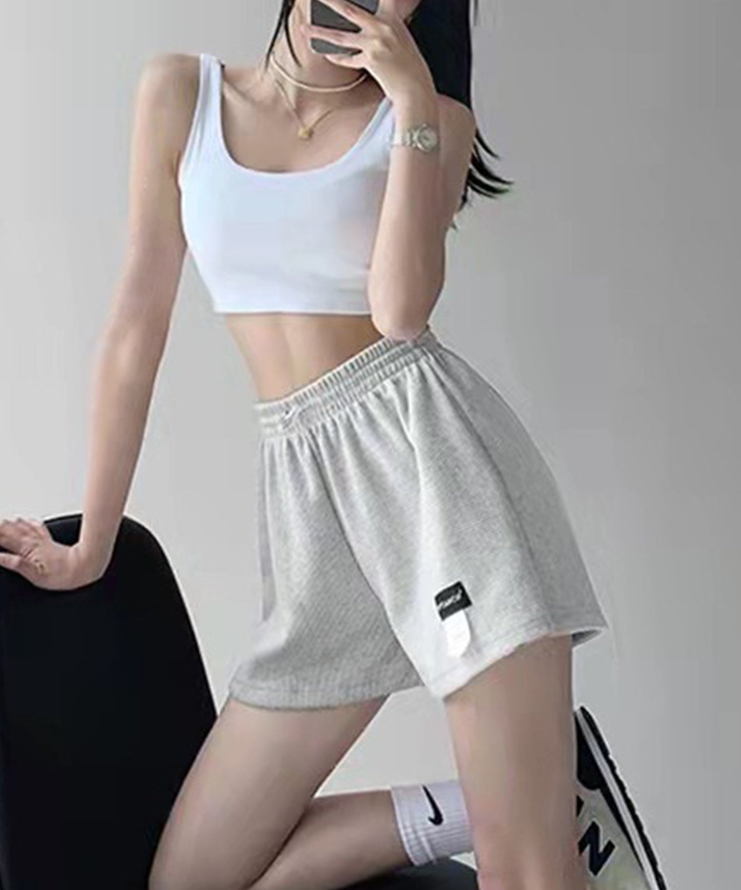 ワッフル ハイウエスト ショート パンツ キュロット