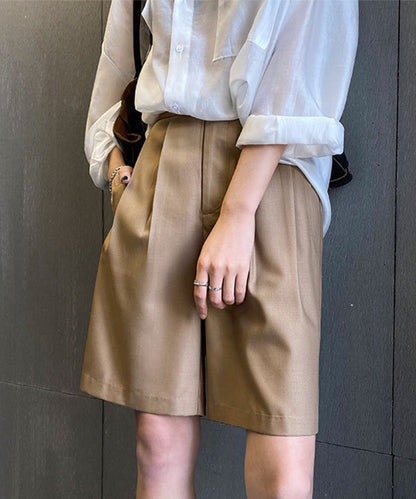 フロントボタン ダブルタック ハイウエスト ハーフ パンツ