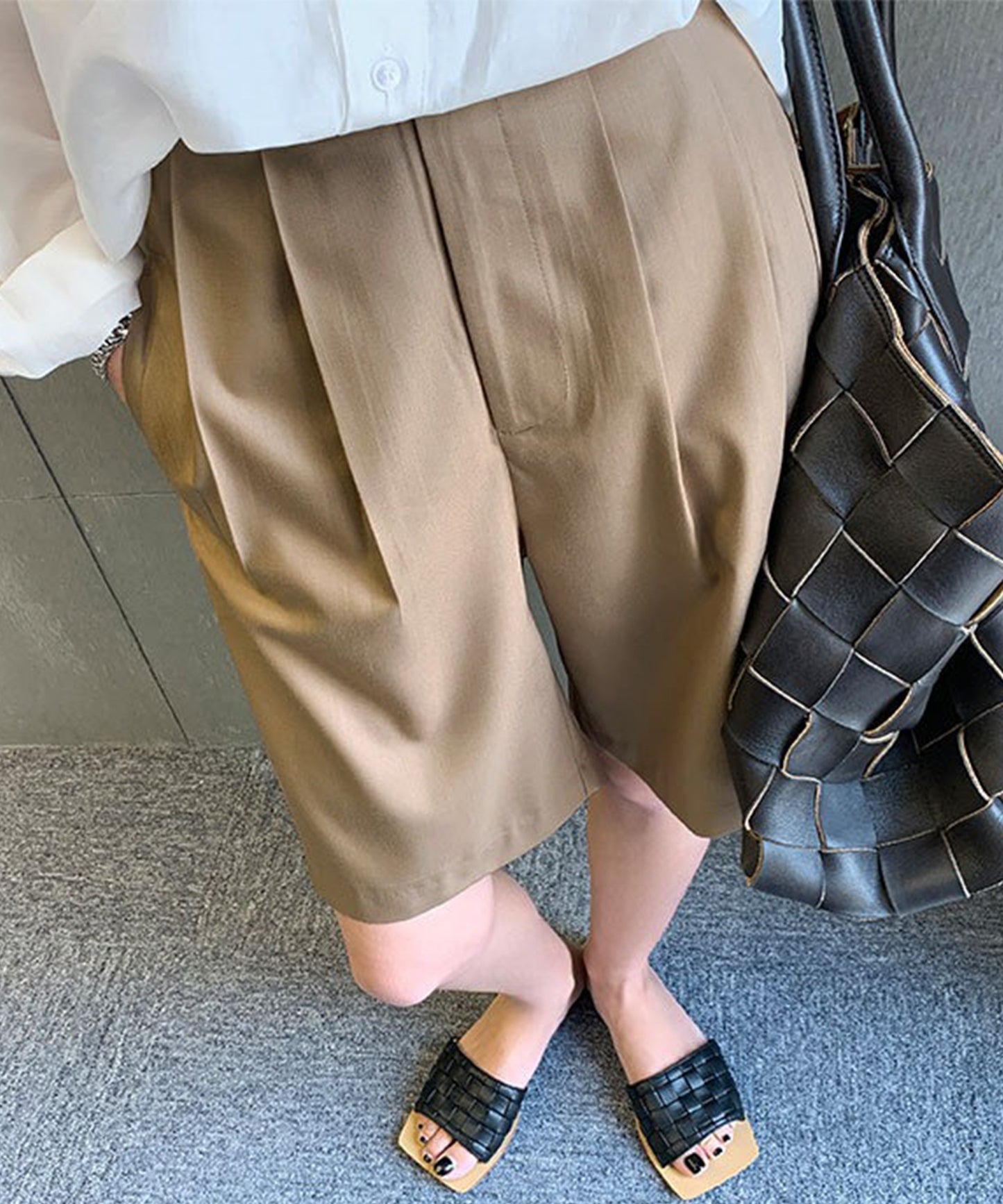 フロントボタン ダブルタック ハイウエスト ハーフ パンツ