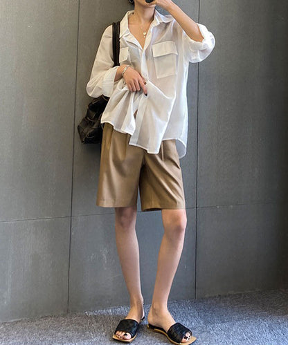 フロントボタン ダブルタック ハイウエスト ハーフ パンツ