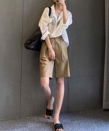 フロントボタン ダブルタック ハイウエスト ハーフ パンツ