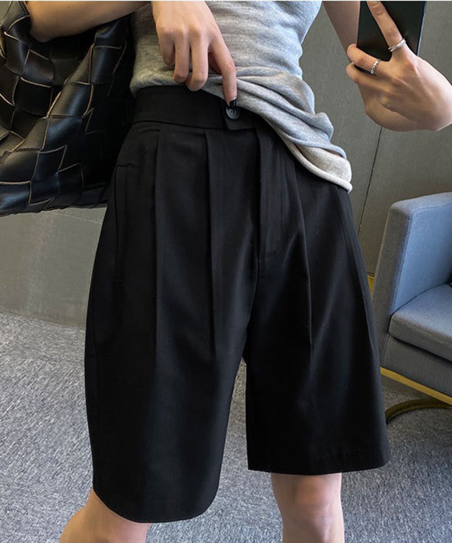 フロントボタン ダブルタック ハイウエスト ハーフ パンツ