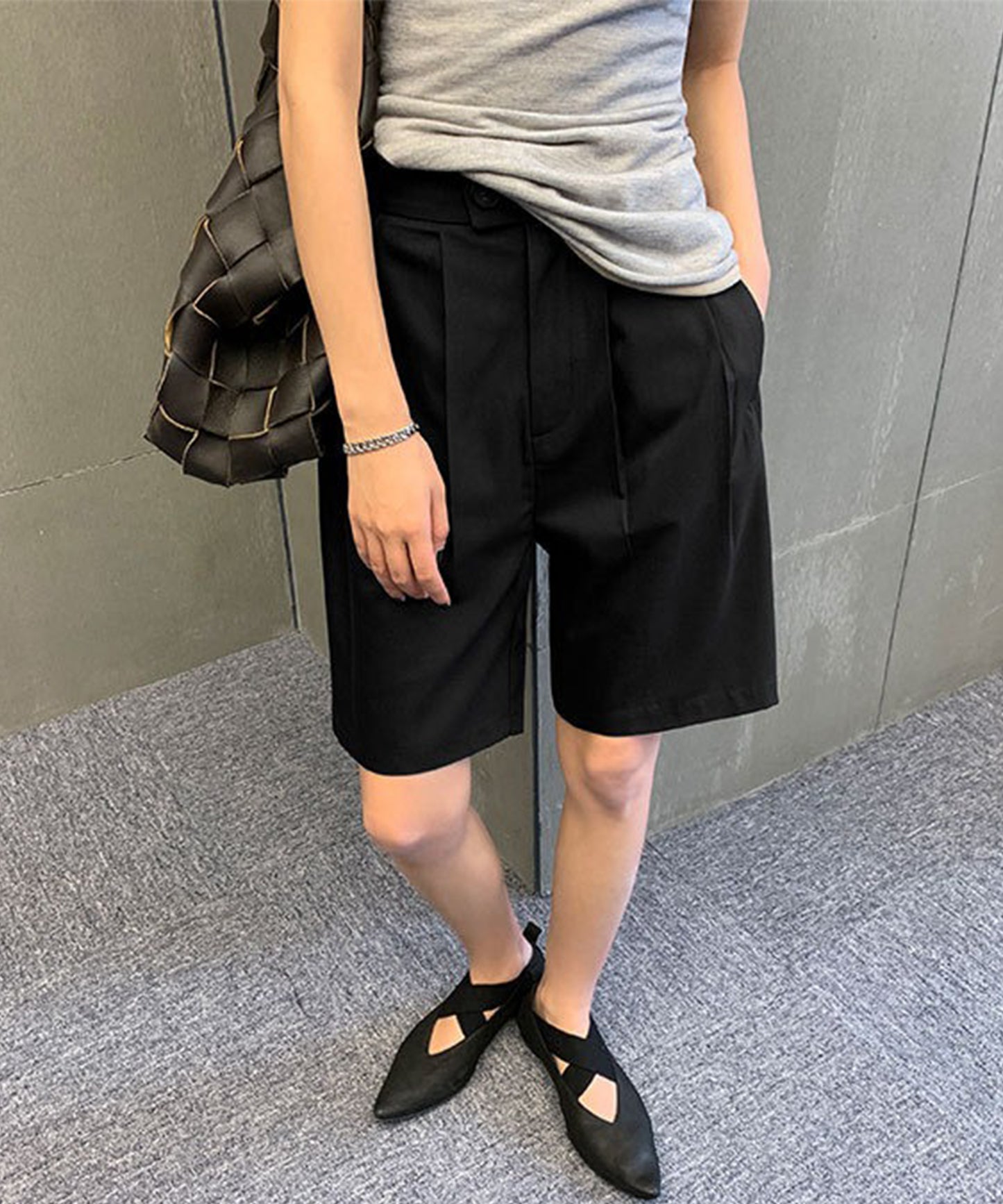 フロントボタン ダブルタック ハイウエスト ハーフ パンツ