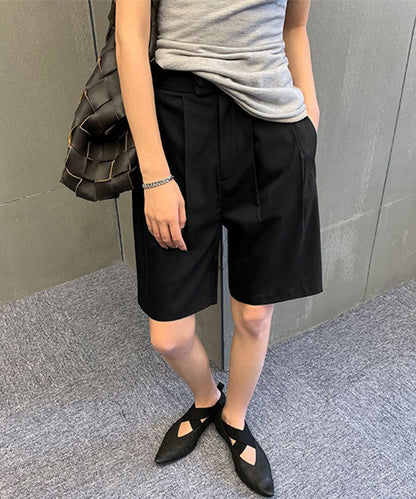 フロントボタン ダブルタック ハイウエスト ハーフ パンツ