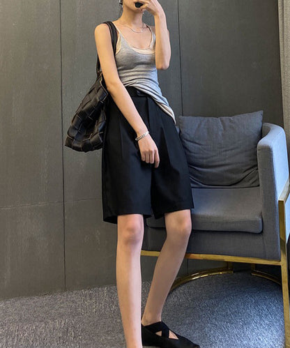 フロントボタン ダブルタック ハイウエスト ハーフ パンツ