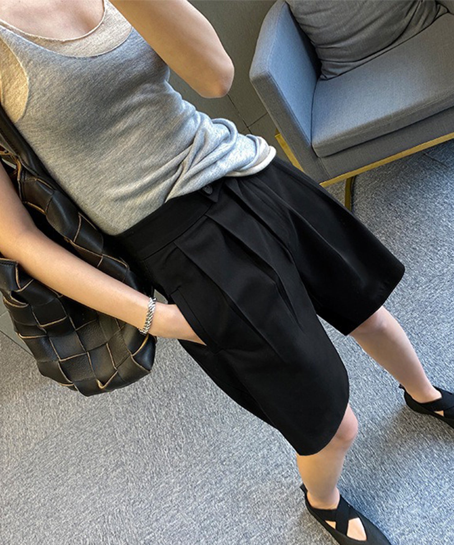 フロントボタン ダブルタック ハイウエスト ハーフ パンツ