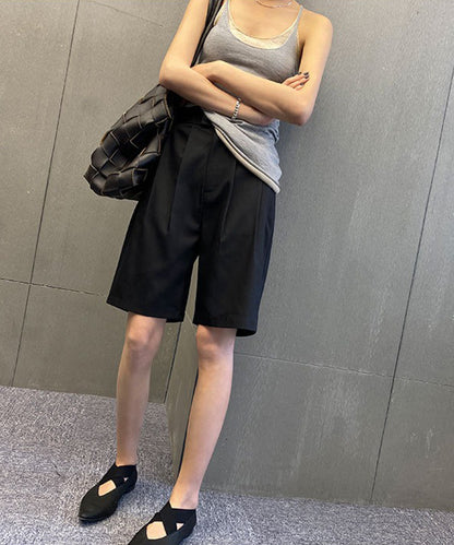 フロントボタン ダブルタック ハイウエスト ハーフ パンツ