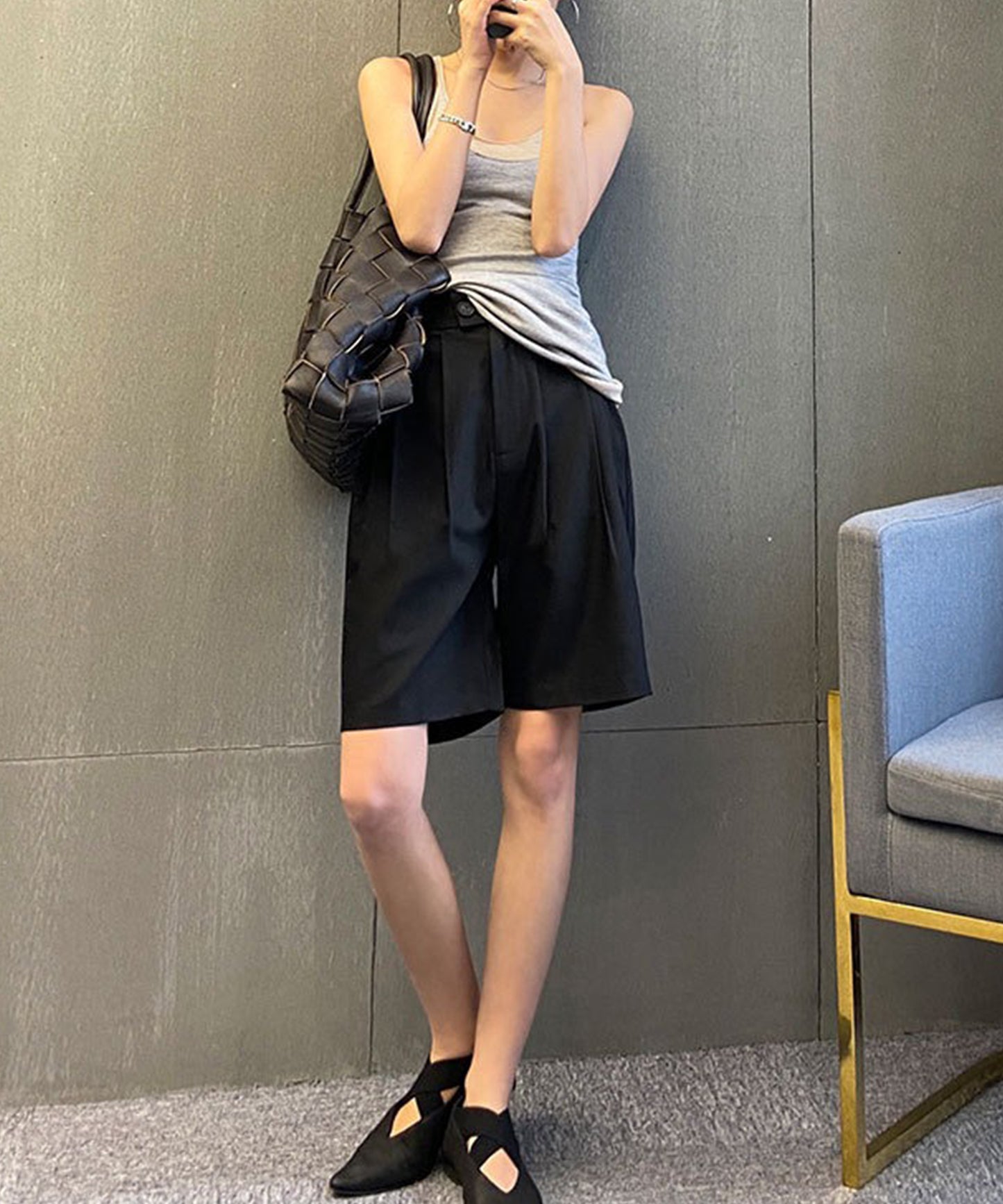 フロントボタン ダブルタック ハイウエスト ハーフ パンツ