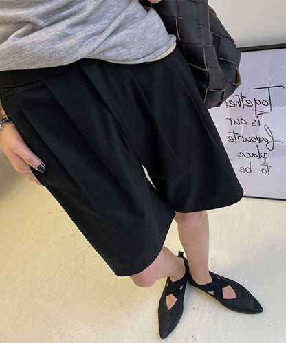 フロントボタン ダブルタック ハイウエスト ハーフ パンツ