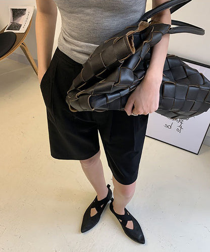 フロントボタン ダブルタック ハイウエスト ハーフ パンツ