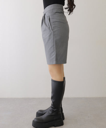 フロントボタン ダブルタック ハイウエスト ハーフ パンツ