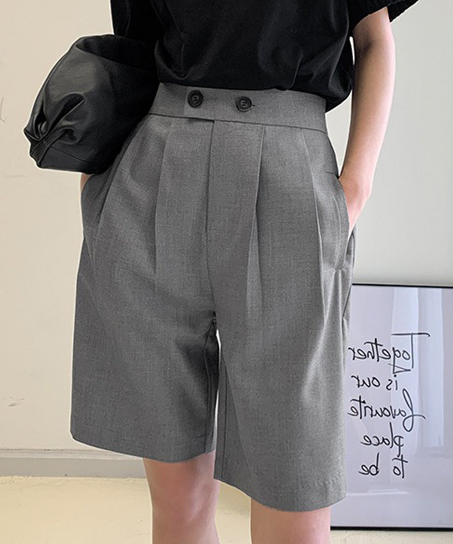 フロントボタン ダブルタック ハイウエスト ハーフ パンツ