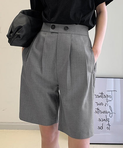 フロントボタン ダブルタック ハイウエスト ハーフ パンツ