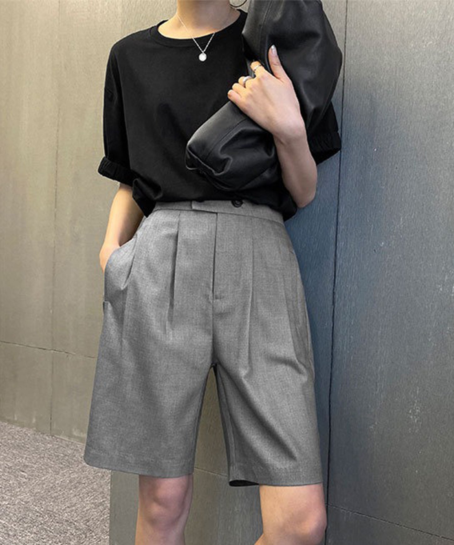 フロントボタン ダブルタック ハイウエスト ハーフ パンツ