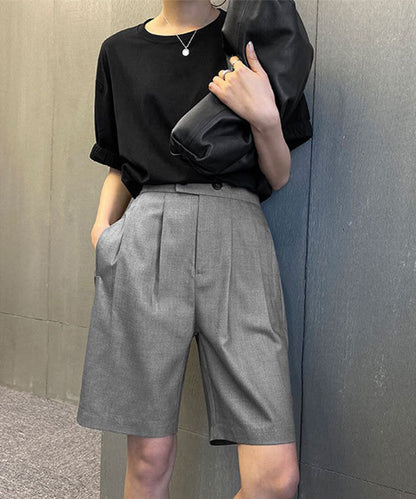 フロントボタン ダブルタック ハイウエスト ハーフ パンツ