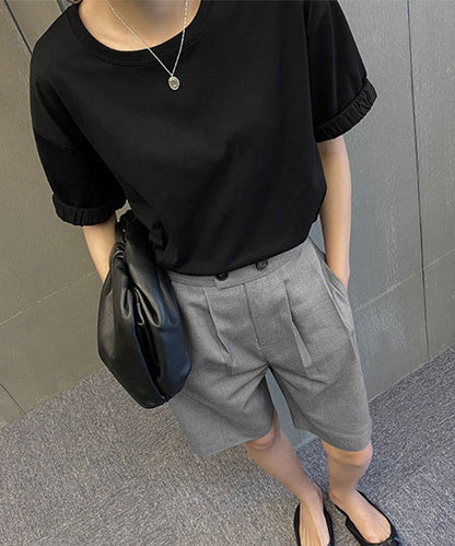 フロントボタン ダブルタック ハイウエスト ハーフ パンツ