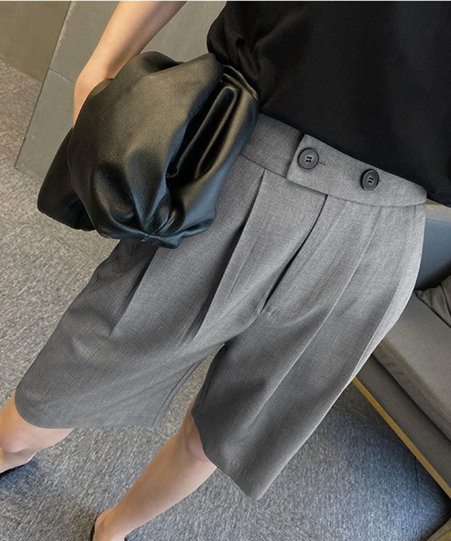 フロントボタン ダブルタック ハイウエスト ハーフ パンツ