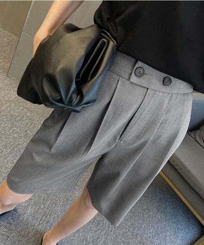 フロントボタン ダブルタック ハイウエスト ハーフ パンツ