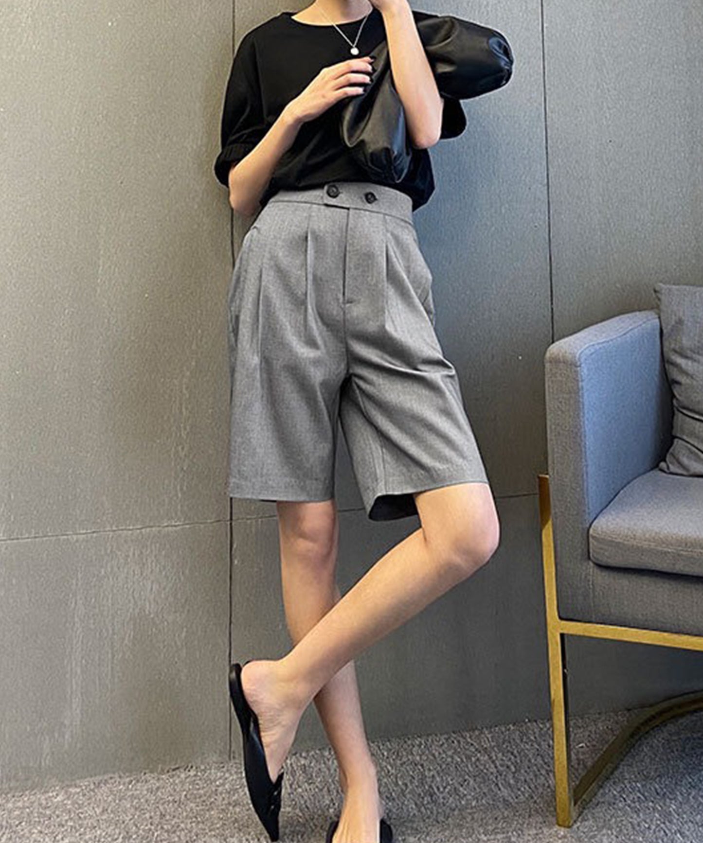 フロントボタン ダブルタック ハイウエスト ハーフ パンツ