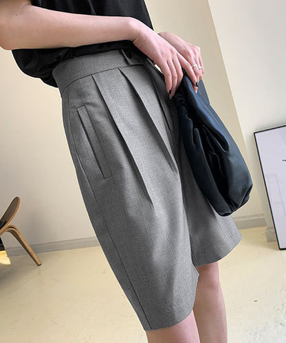 フロントボタン ダブルタック ハイウエスト ハーフ パンツ