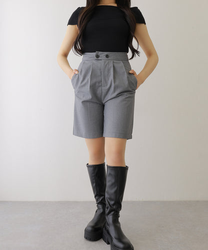 フロントボタン ダブルタック ハイウエスト ハーフ パンツ