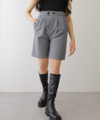 フロントボタン ダブルタック ハイウエスト ハーフ パンツ