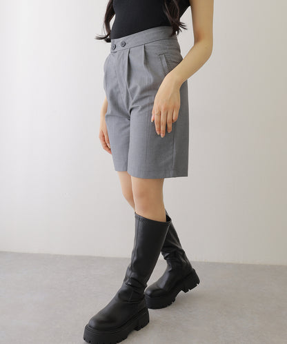 フロントボタン ダブルタック ハイウエスト ハーフ パンツ
