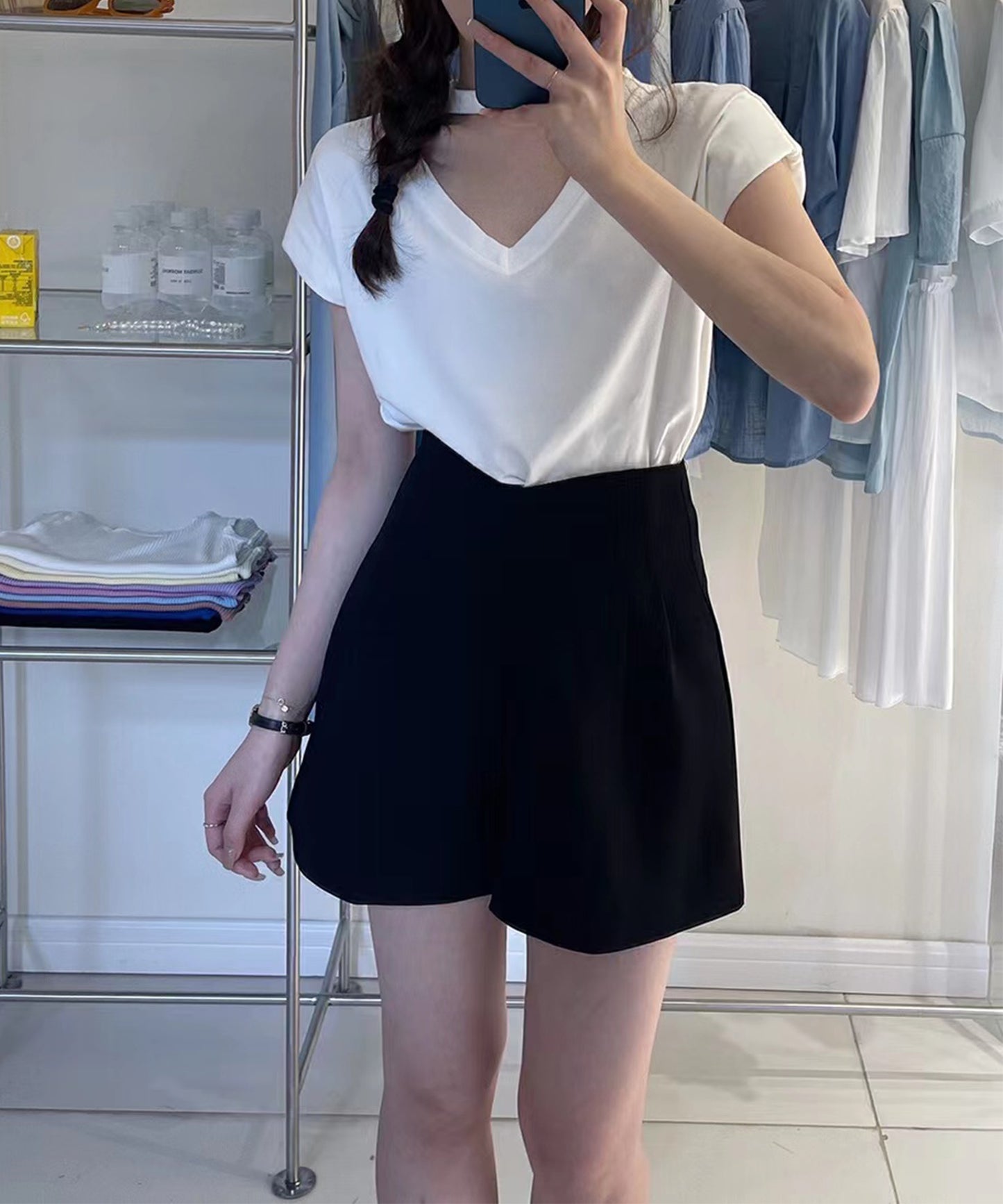 ダブルタック ハイウエスト フレア ショート パンツ