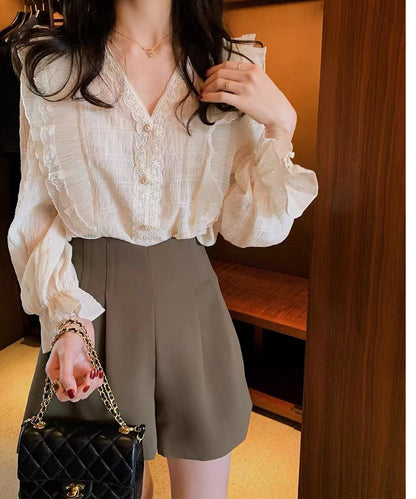 ダブルタック ハイウエスト フレア ショート パンツ