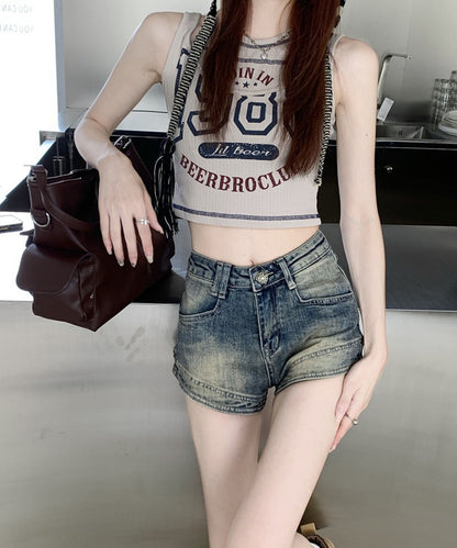 ユーズド風 ハイウエスト デニム ショート パンツ