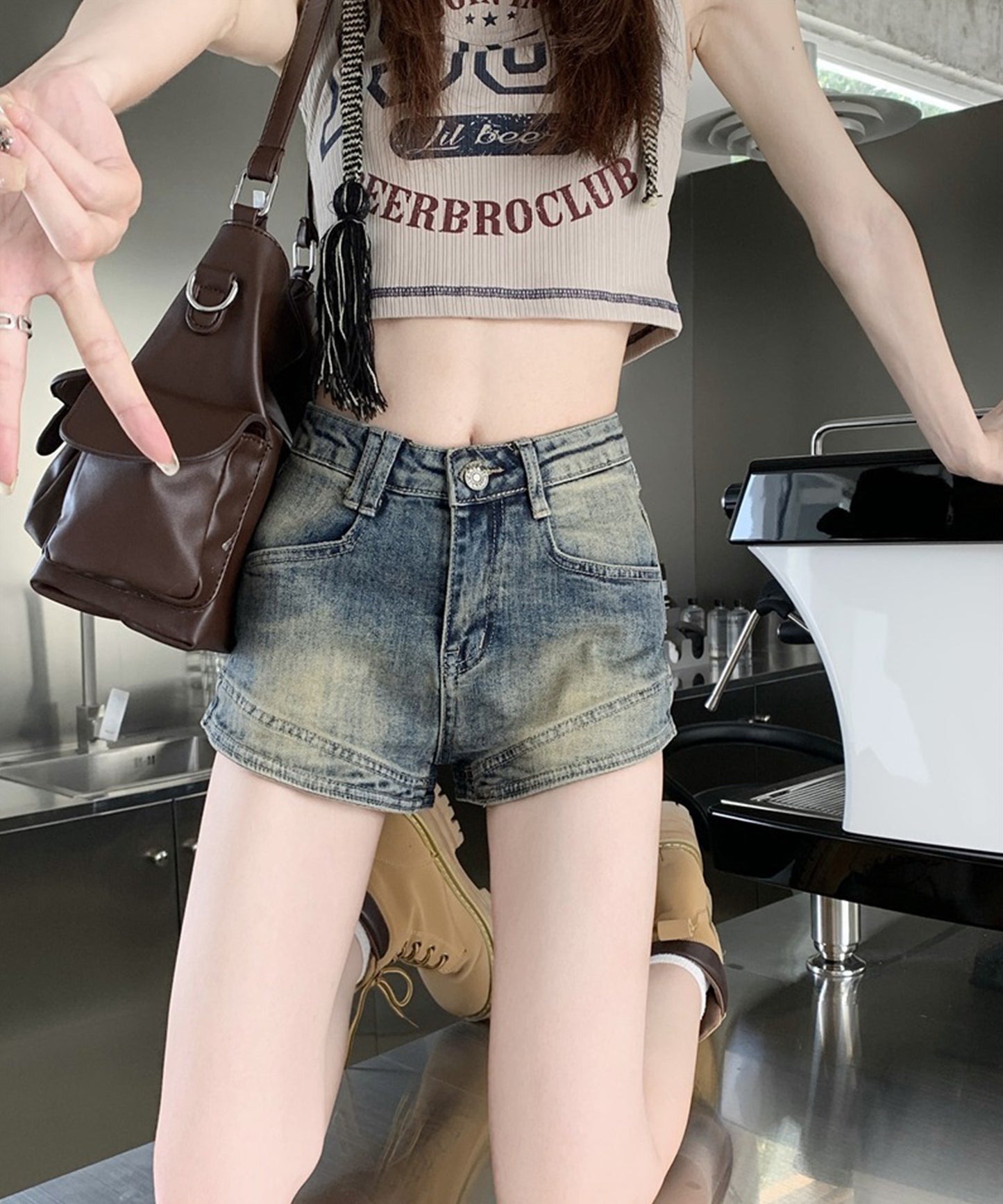 ユーズド風 ハイウエスト デニム ショート パンツ